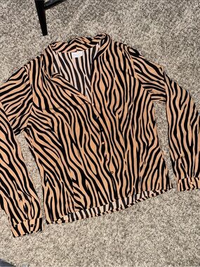 VILA Tan and Black Zebra-Stripe Button-Down Blouse